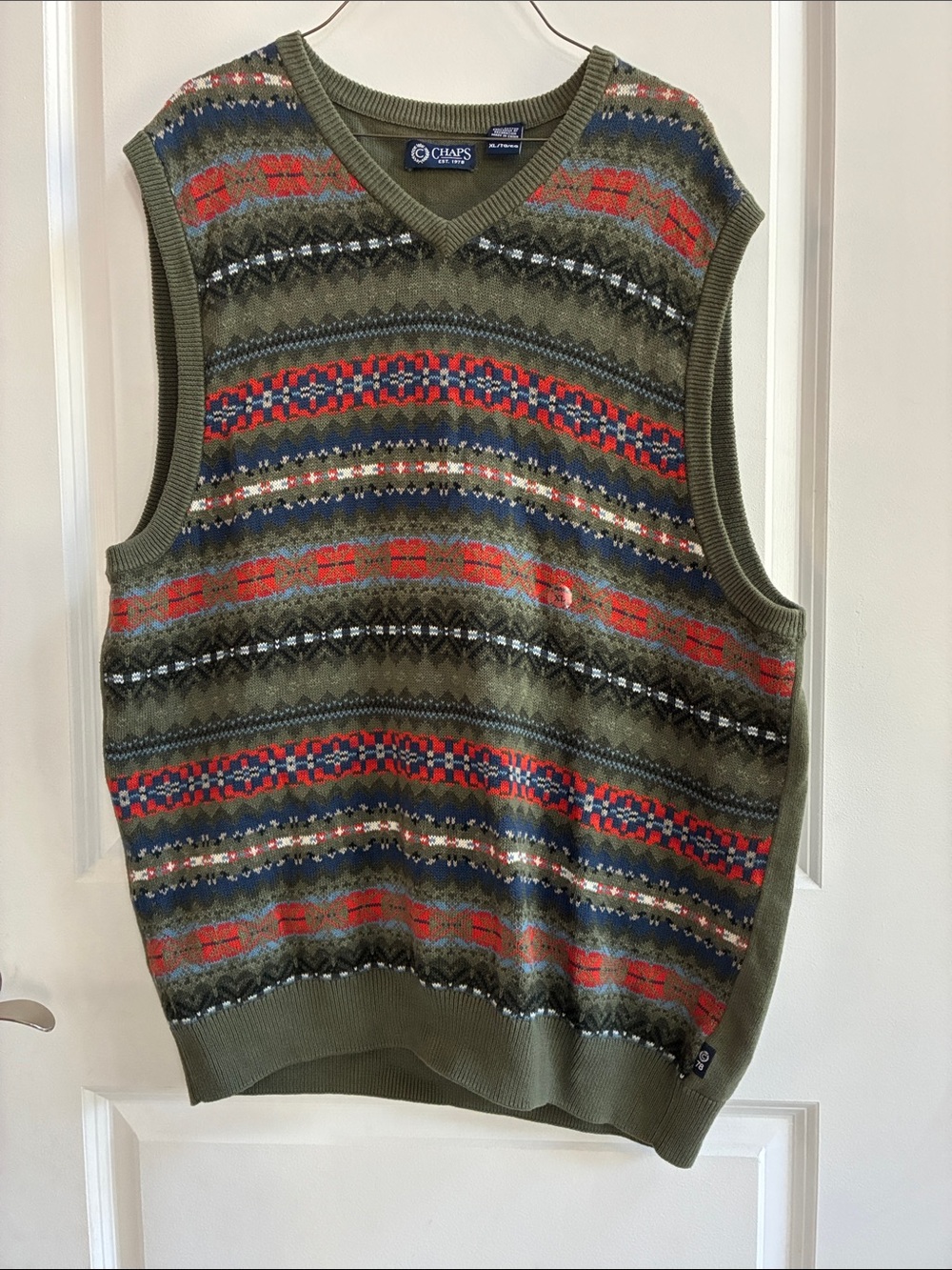 Chaps Vintage Olive Fair Isle V-Neck Sweater Vest with Red and Navy Accents